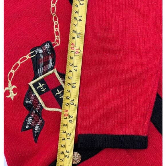 Doncaster Red Black & Gold Wool Blend Cardigan Small Plaid Accents Gold Buttons - Picture 10 of 12